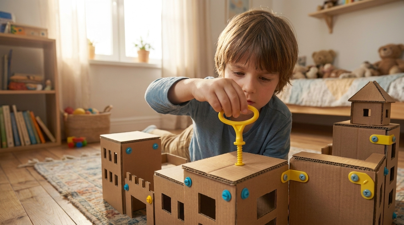 Enfant qui construit un château fort en carton Kraftly Kids