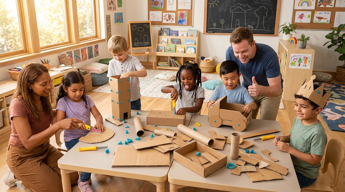 Enfants et adulte construisant ensemble en classe avec des kits Kraftly Kids