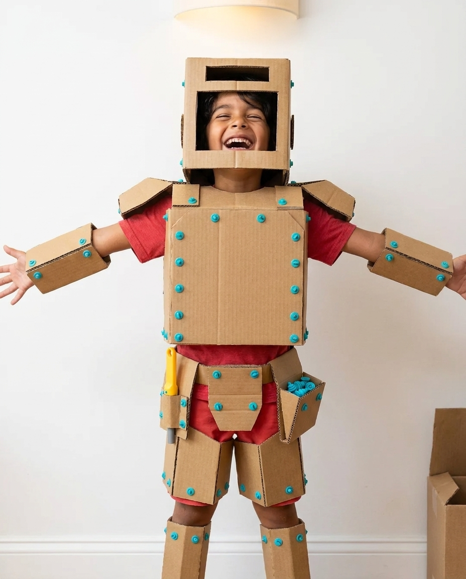 Enfant déguisé en robot articulé en carton