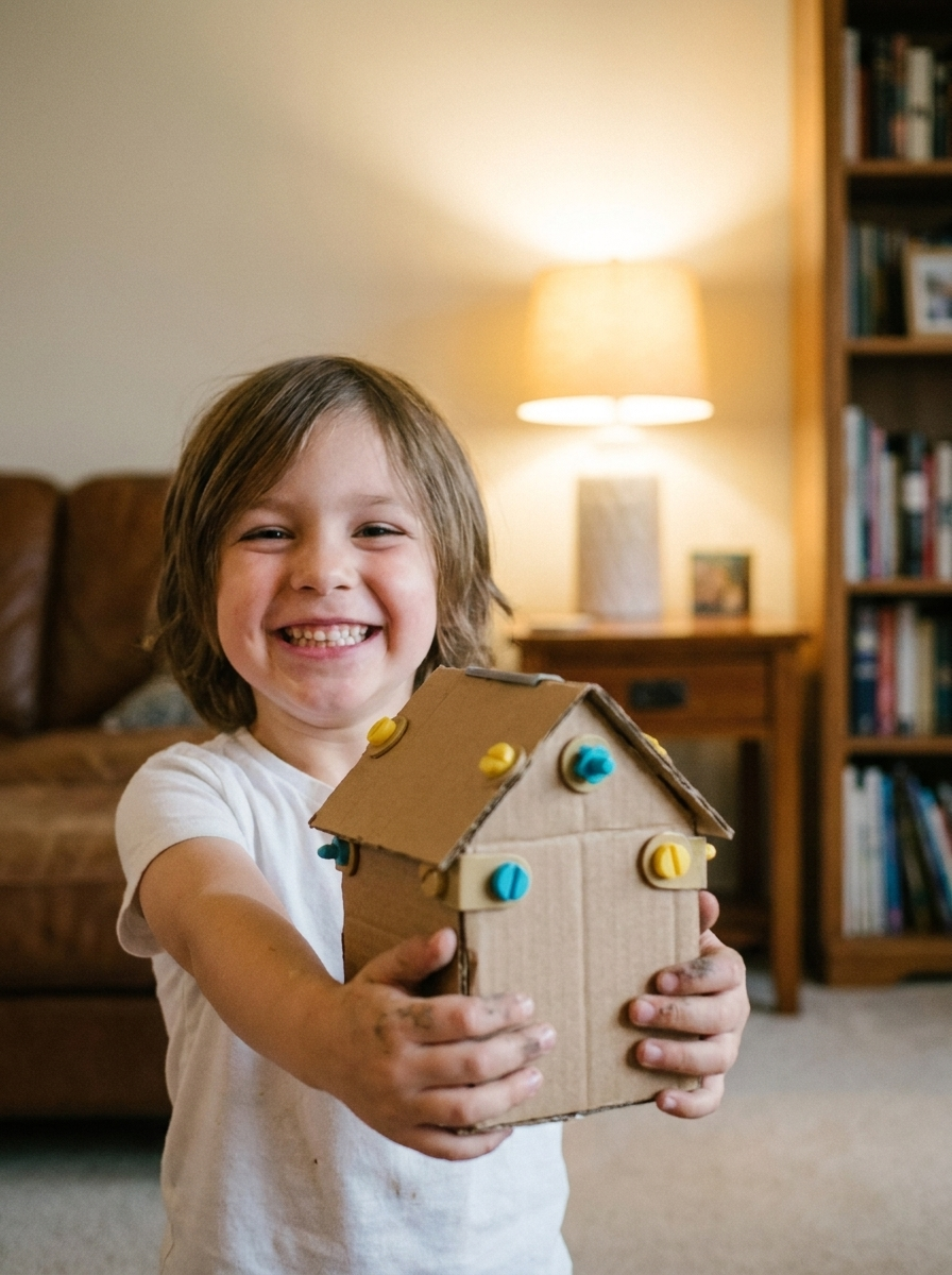 Enfant tenant une petite maison en carton