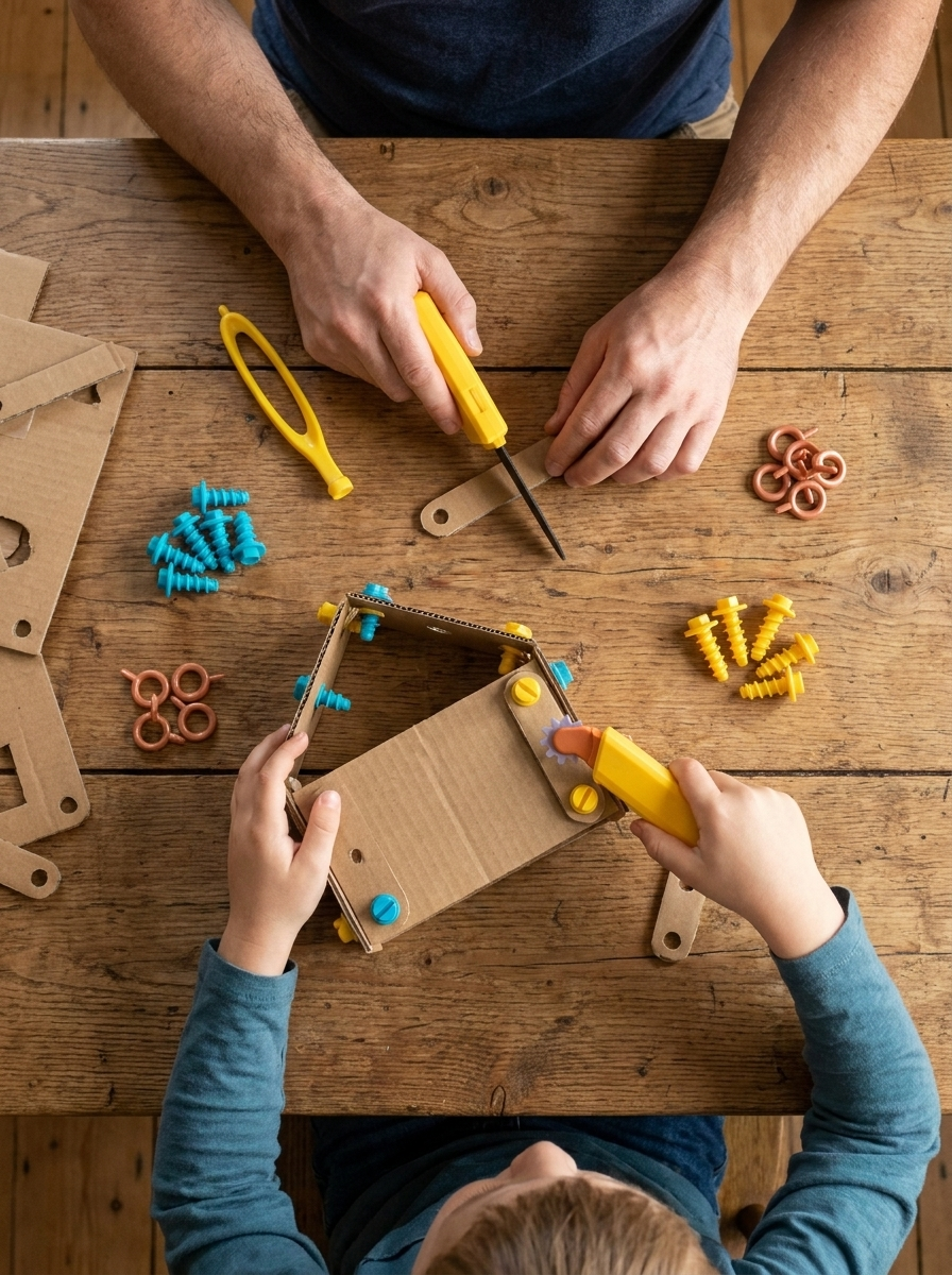 Parent et enfant assemblant une construction en carton
