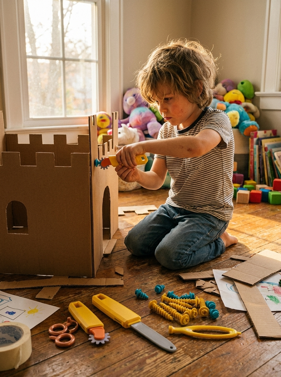 Enfant construisant un château en carton