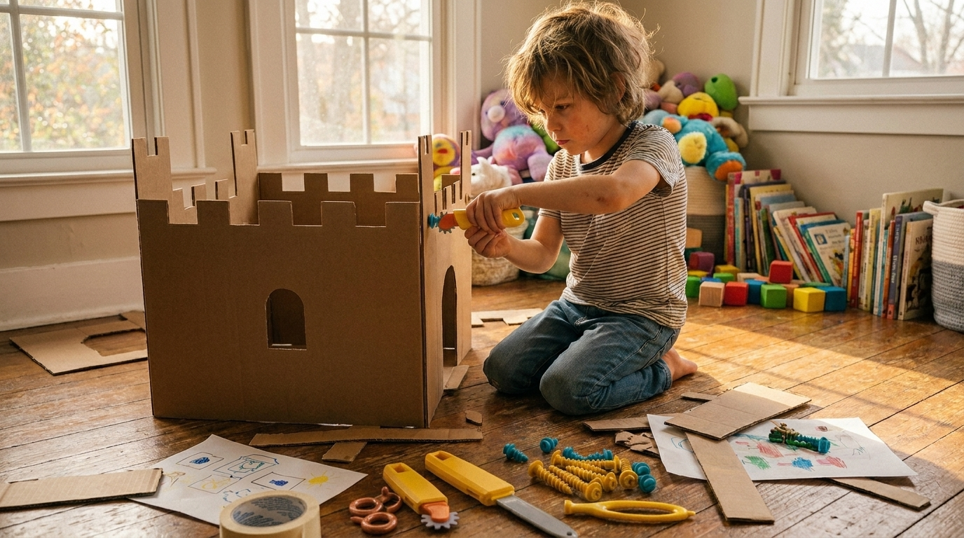 Enfant qui construit un château en carton Kraftly Kids